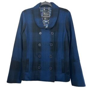DC* Plaid Coat Wool Blend Lined Black Blue Double Breasted Size Medium